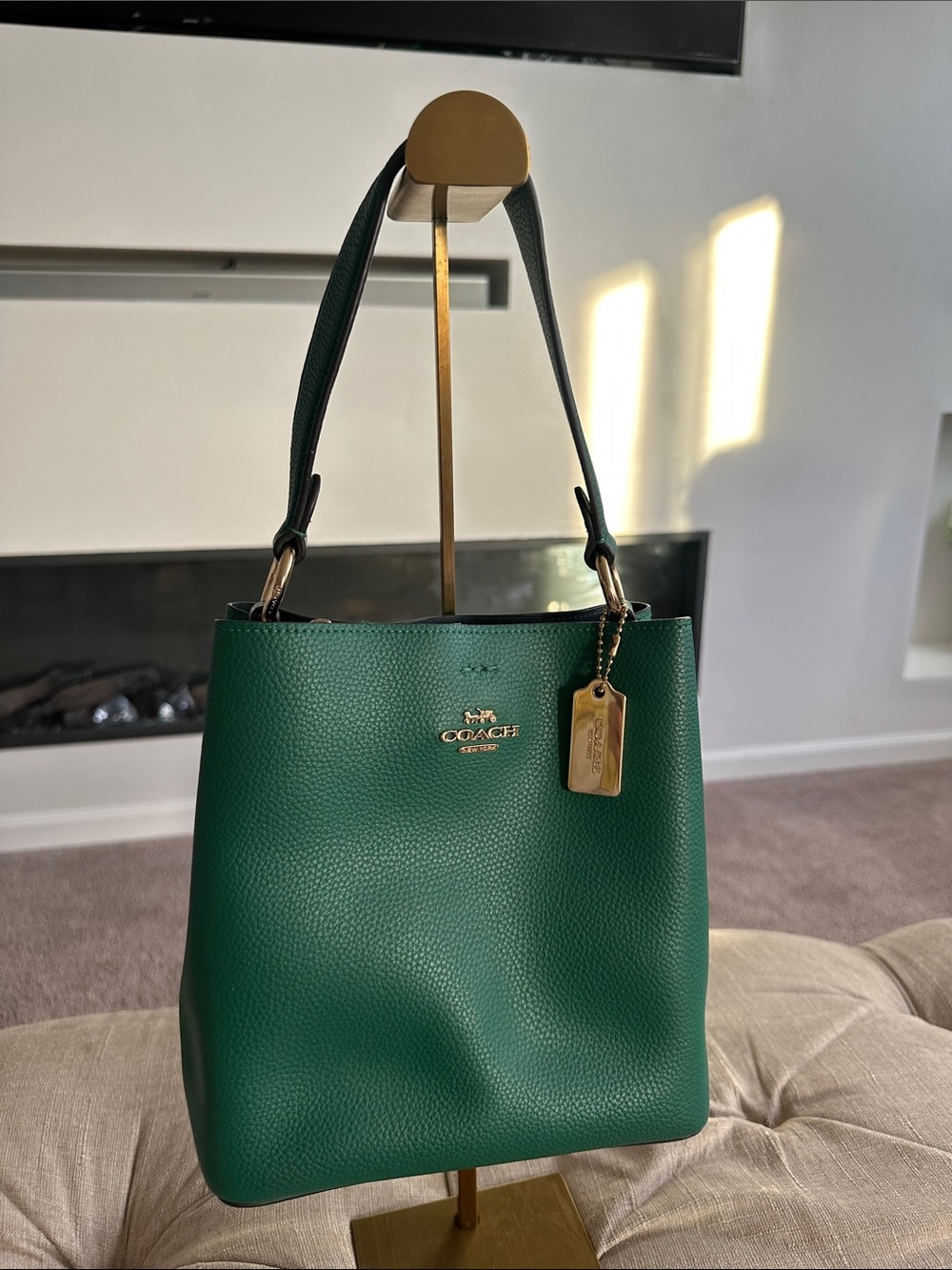 Coach Emerald Green Pebbled Leather Shoulder Tote with Gold Hardware